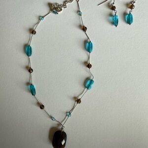 Lia Sophia Blue and Brown Beaded Necklace and Earring Set